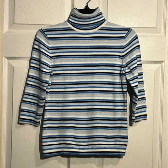 Gap women’s blue, gray and white striped turtleneck. Size Small. - Picture 1 of 5